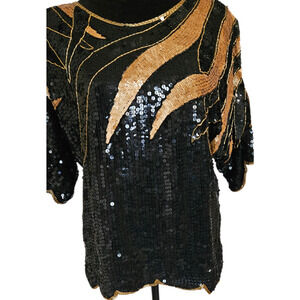 Vintage Sequin Top Black Gold Silk Lined Evening Wear 80s 90s Size Large